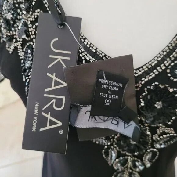 SOLD - JKara Cocktail Dress With Silver Beading Hanky Hem & Flutter Sleeves - Picture 6 of 10